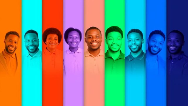 Multiple frames of diverse african american people smiling in colorful stripes, for variety and community concept
