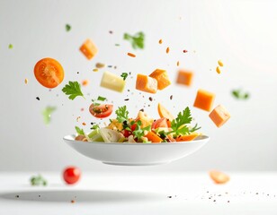 Blurry food pieces floating in air