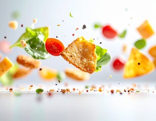 Blurry food pieces floating in air