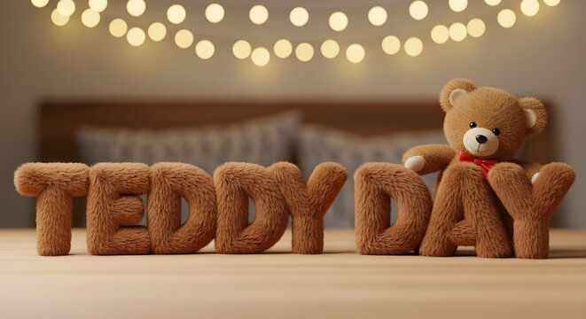 Adorable Teddy Day 3D Illustration Featuring Furry Plush Text and a Cute Brown Teddy Bear with Red Bow