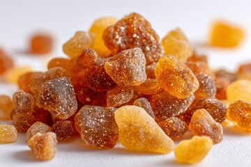 Soft-lit macro photograph of resin fragments used in incense and fragrances