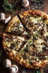 Overhead view of a rustic mushroom pizza topped with mozzarella and fresh herbs on a wooden table