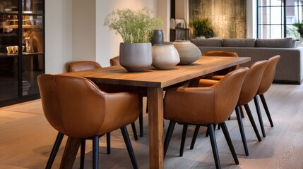 Fototapeta premium Modern dining room with wooden table and leather chairs in contemporary interior.