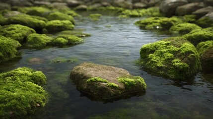 Fototapeta premium Clear shallow stream with vibrant green moss covered rocks creating a tranquil natural landscape