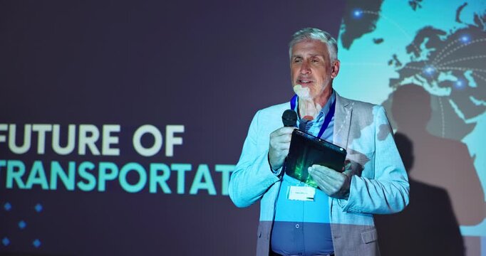 Microphone, seminar and ceo presenter with tablet for public speaking on podium for vehicle innovation. Speech, tradeshow and mature male logistics engineer at convention for future of transportation