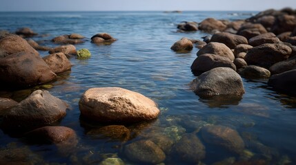 Obraz premium A serene view of smooth rounded rocks partially submerged in shallow clear blue water along a rocky coastline under a bright sky