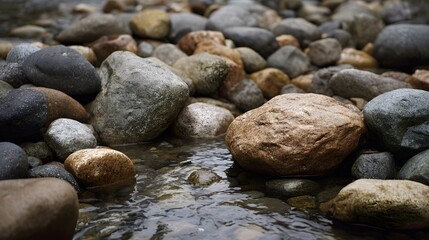 Close up view of smooth rounded river rocks submerged in shallow clear water within a natural creek bed