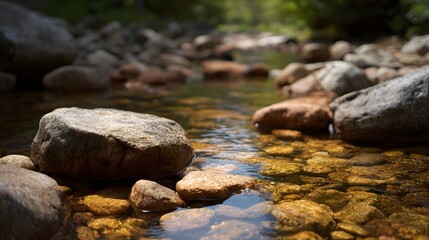 Fototapeta premium Sunlight illuminates smooth wet rocks resting in the shallow clear waters of a flowing stream revealing their natural textures and warm hues