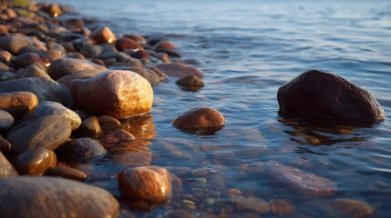 Obraz premium Smooth wet stones at the water s edge reflect warm sunlight on a peaceful shore
