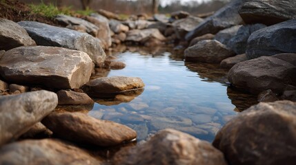 Obraz premium Clear shallow water flows over a rocky stream bed reflecting the natural environment
