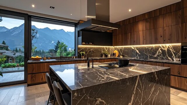 Modern kitchen with wood cabinets, dark marble counters, island, and mountain view through large window