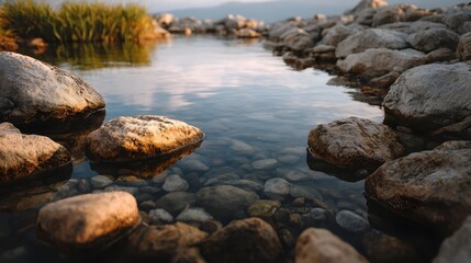 Serene shallow water stream with smooth rocks and reflections at golden hour