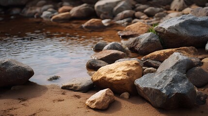 Obraz premium A close up view of wet rocks and sand on the bank of a shallow river