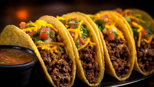 Vibrant Close Up of Savory Hard Shell Tacos Filled with Meat and Cheese.