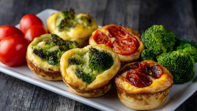 Appetizing Mini Quiches Featuring Fresh Broccoli and Ripe Tomatoes, Perfect for a Savory Meal.