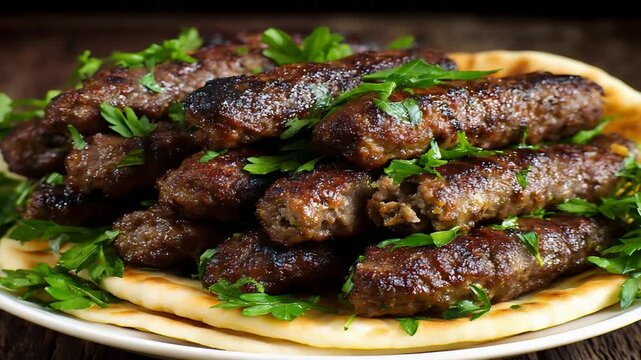 Savory Juicy Kebabs Served on Soft Flatbread with Fresh Herbs, a Delicious Meal.