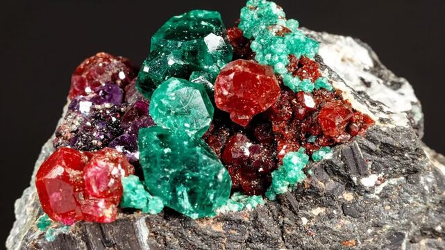 A cluster of colorful mineral crystals, emerald green, ruby red, and purple, sit on a gray rock base