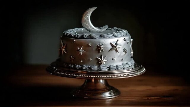 Elegant Silver Cake with Crescent Moon and Stars Decoration for a Special Celebration Event.