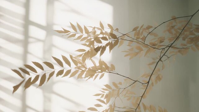 Dried leaves on branches creating delicate shadow patterns on a soft white wall, representing nature's understated beauty and warm, tranquil interior design