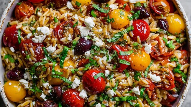 Vibrant Mediterranean Orzo Pasta Salad with Cherry Tomatoes, Feta Cheese, and Fresh Basil.