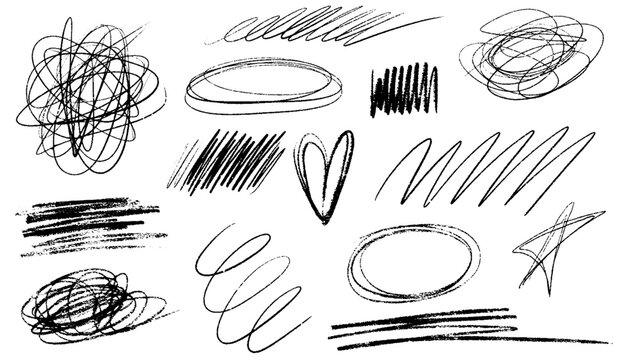 Chalk pencil scribbles, strokes and ovals set. Hand drawn charcoal curly lines, circles and squiggles. Different crayon underlines, rough round shapes, daubs. Vector black strokes with sketch texture