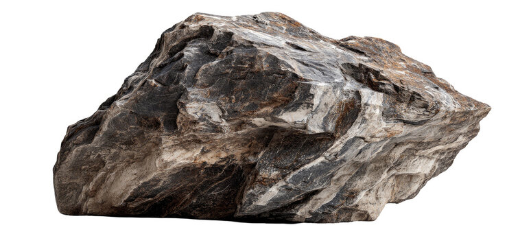 A large, irregular, dark-gray and light-gray stone, exhibiting a complex, uneven texture.  The rock shows a variety of patterns and striations, giving it a natural, rough appearance