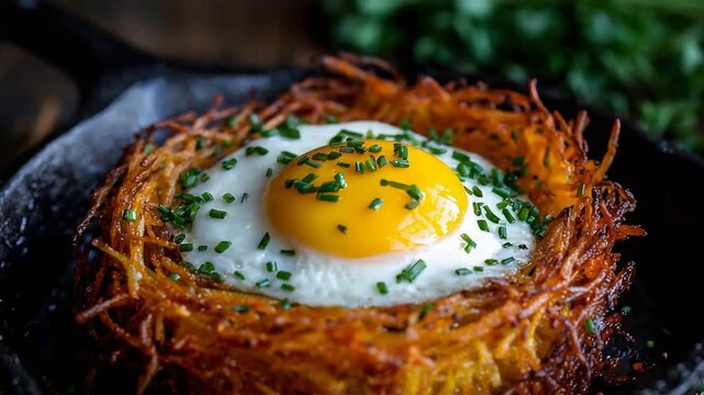 Delicious Fried Egg in Crispy Hash Brown Nest Topped with Fresh Green Chives, Perfect Breakfast Meal.