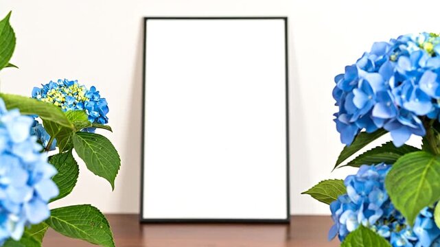 A blank picture frame flanked by blue hydrangeas, green leaves, set on a wooden surface, soft light