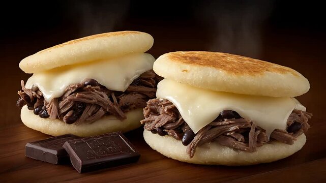 Steaming Hot Authentic Venezuelan Arepas Filled with Shredded Beef, Black Beans, and Melted Cheese.