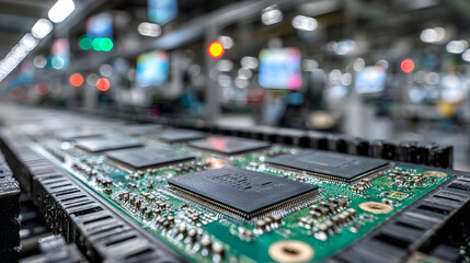 Obraz premium Microchips moving on an automated production line in a high-tech factory representing semiconductor manufacturing and advanced technology.
