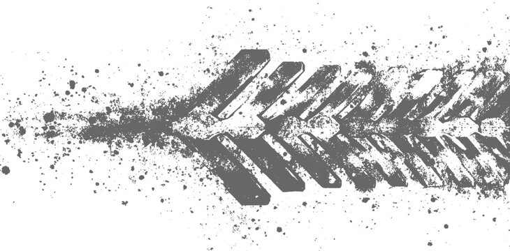 Gray tire track impression with scattered speckles on white background tread pattern