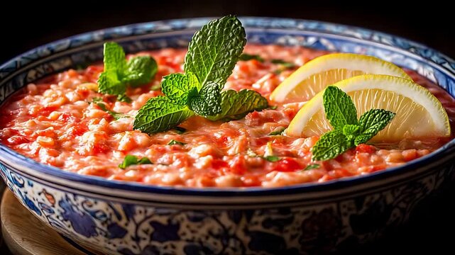 Vibrant Mediterranean inspired creamy tomato soup with fragrant mint and zesty lemon.