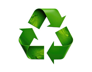 Obraz premium Green recycling symbol with leaf texture on black background, environmental concept