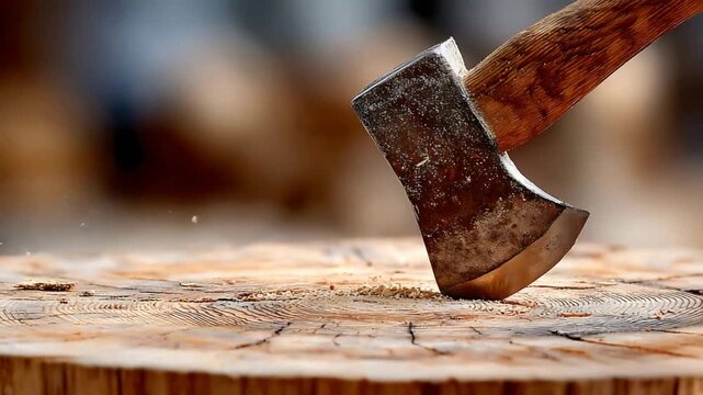 Close up of a sharp axe burying into a wooden tree stump, sending sawdust flying.