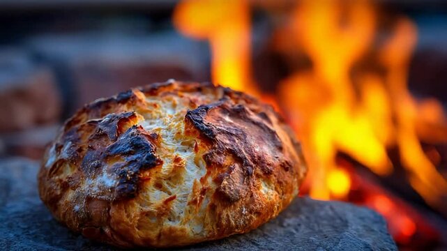 Close up of rustic homemade bread baking by a warm, crackling campfire outdoors.