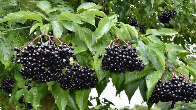 Close up of ripe black elderberries hanging on green bush branches after rain.