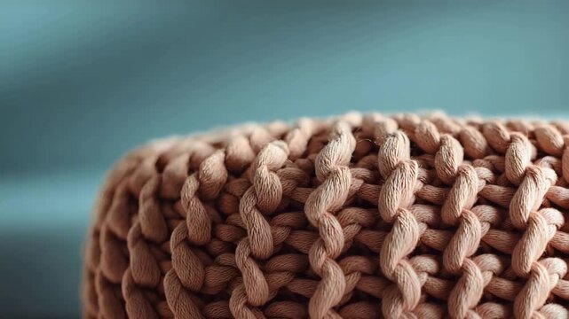 Close up view of cozy knitted fabric texture. Soft peach colored yarn pattern with depth.