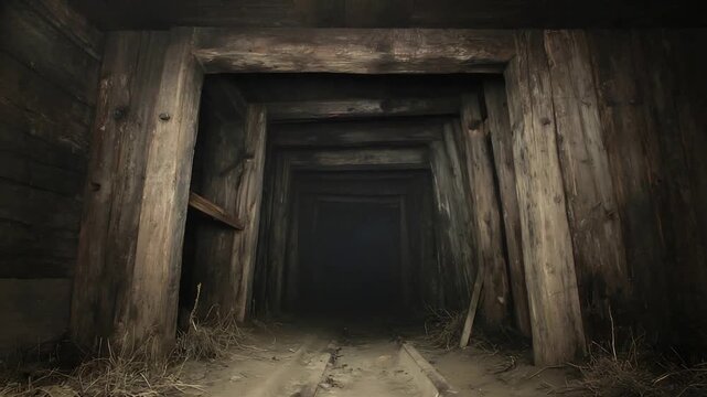 Dark and mysterious old wooden mine shaft entrance leading into the unknown depths.