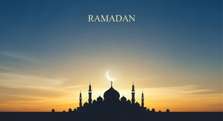 Obraz premium Ramadan greeting with mosque silhouette A serene image featuring a mosque silhouette against a vibrant sunset sky with a crescent moon, symbolizing the holy month of Ramadan.