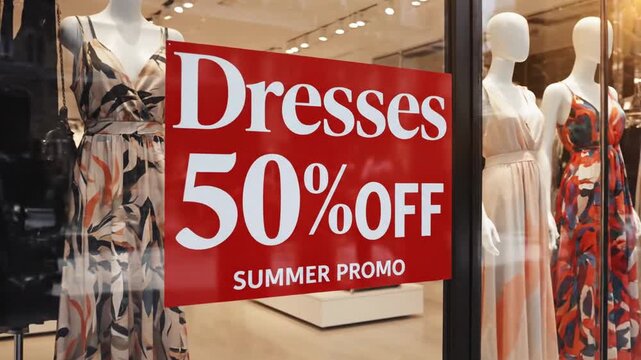 Cinematic slow motion capture of a fifty percent off discount sale promotion sticker on the glass window door of a high-end fashion retail boutique store for women's dresses in 4K resolution.
