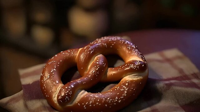 Delicious Freshly Baked Pretzel with Salt on a Rustic Plaid Cloth, Ready to Eat.