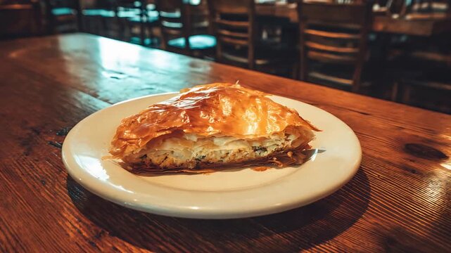 Delicious Golden Crispy Phyllo Pastry Served on a White Plate in a Cafe.