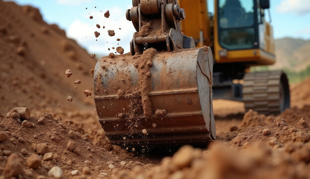 Close up of an excavator bucket digging into the ground