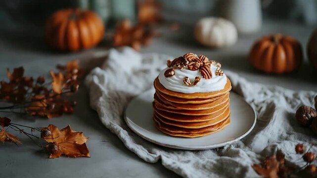 Delicious Stack of Pumpkin Pancakes with Whipped Cream and Pecans in Cozy Autumn Setting.