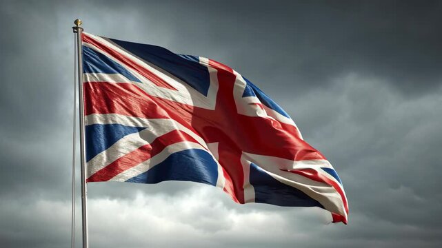 Union jack flag. A british national symbol. Waving on a flagpole against a backdrop of dark. Cloudy skies. Conveying concepts of patriotism. National identity. And resilience during challenging times