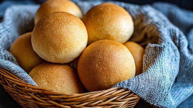 Freshly Baked Golden Bread Rolls Piled in Rustic Wicker Basket with Cozy Fabric.