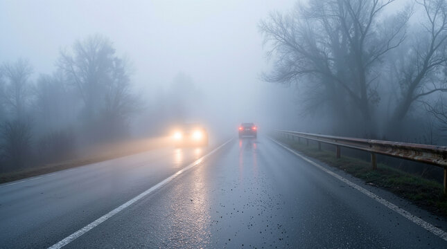 Foggy road with poor visibility and cars in rainy weather  