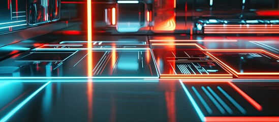 Obraz premium Futuristic Gridscape: Neon-Lit Cyberpunk Interior with Reflective Surfaces and Geometric Patterns