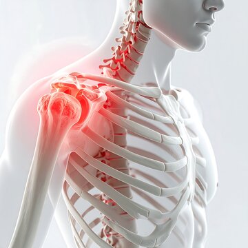 3D medical illustration of human shoulder anatomy with highlighted rotator cuff muscles and bones in red and white for educational and healthcare use