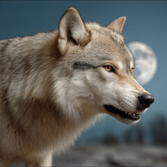 Fototapeta premium Angry wolf full moon aggressive animal wild canine sharp teeth fur night wilderness intense gaze nature